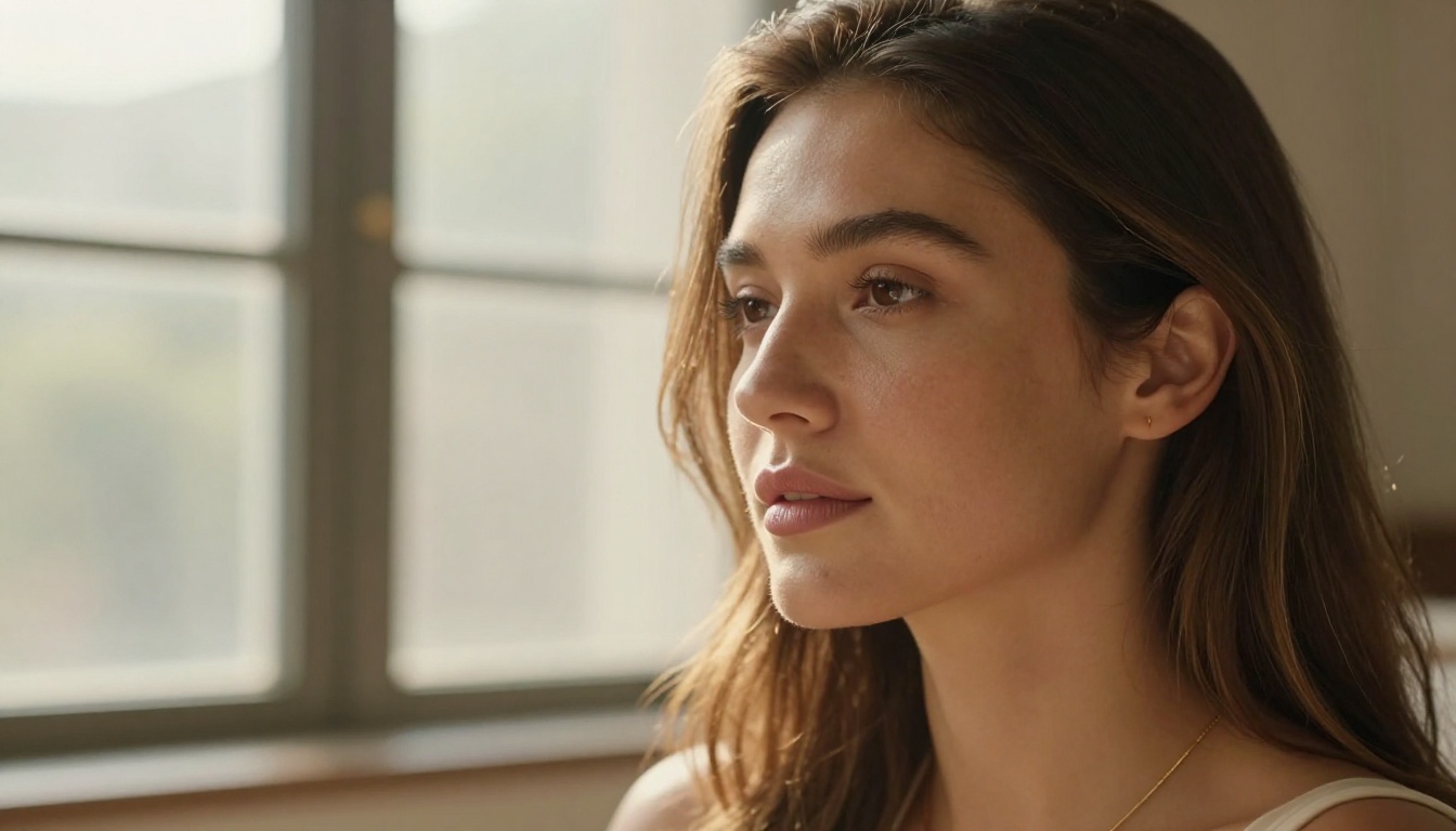 Close-up beauty portrait with warm honey-toned skin, fine natural texture, and soft golden rim light demonstrating photorealistic AI output