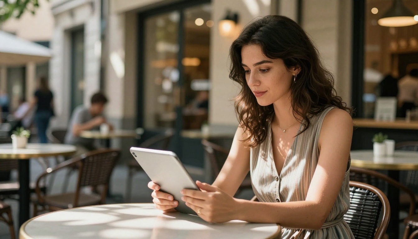 Stylish woman at outdoor cafe using a tablet, afternoon dappled light