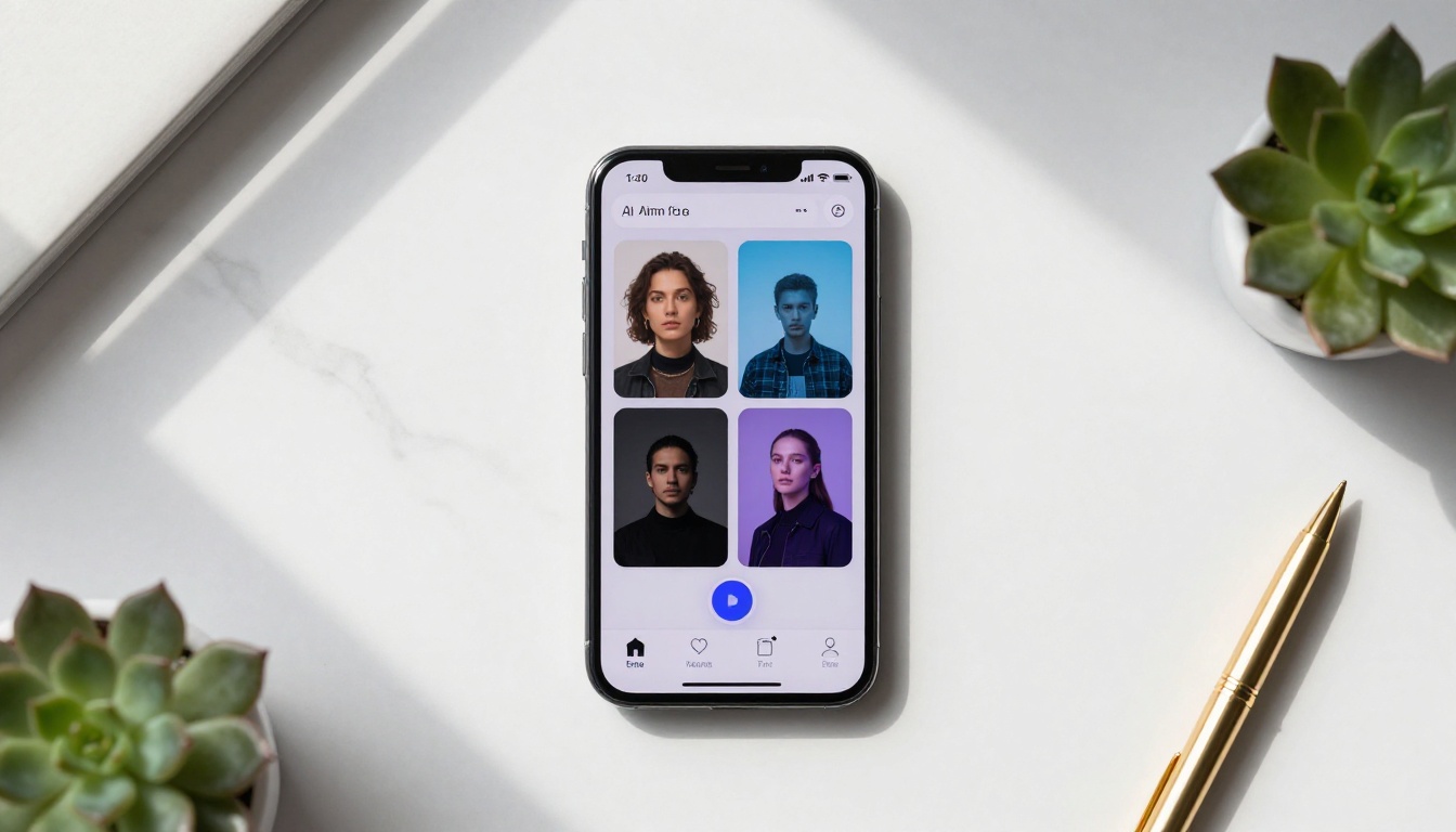 Smartphone flat-lay showing AI image editing app interface on white marble
