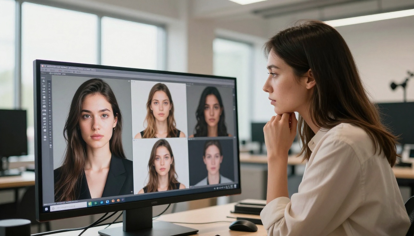 A professional reviewing AI-generated portrait outputs on a large studio monitor, evaluating quality and realism