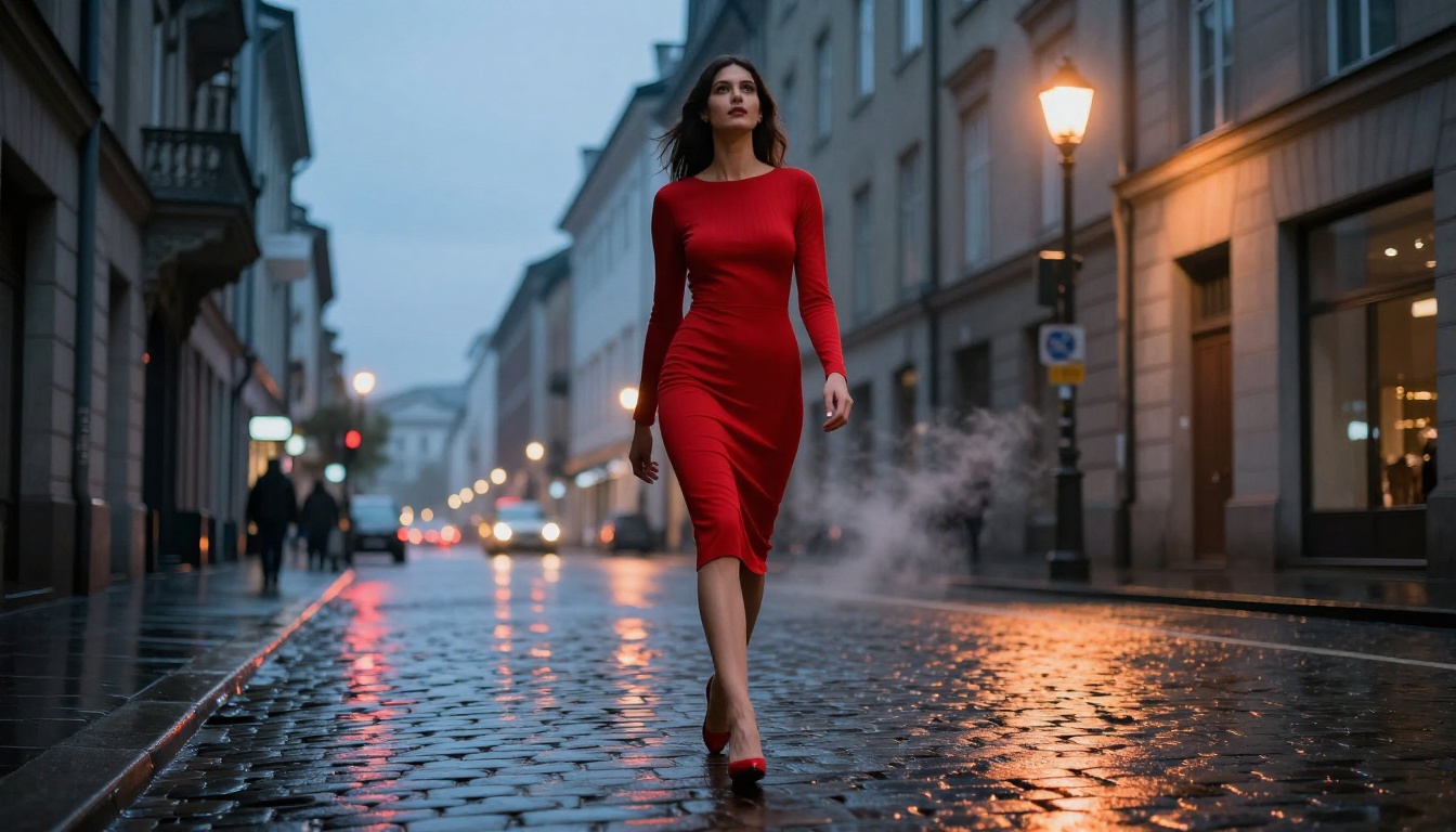 Low-angle street photography of woman in red dress on wet cobblestones at blue hour