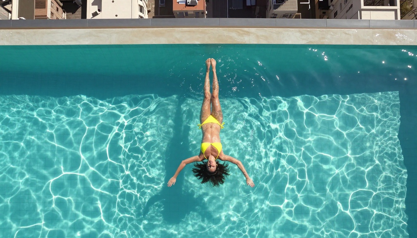Aerial overhead view of woman in yellow bikini floating in turquoise infinity pool on a rooftop