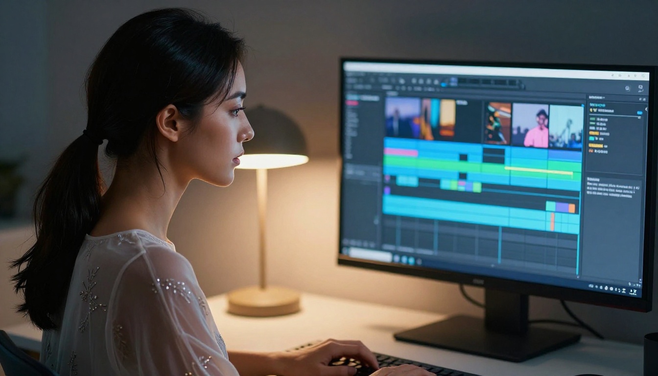 Woman with dark hair at desk with video editing software on glowing monitor