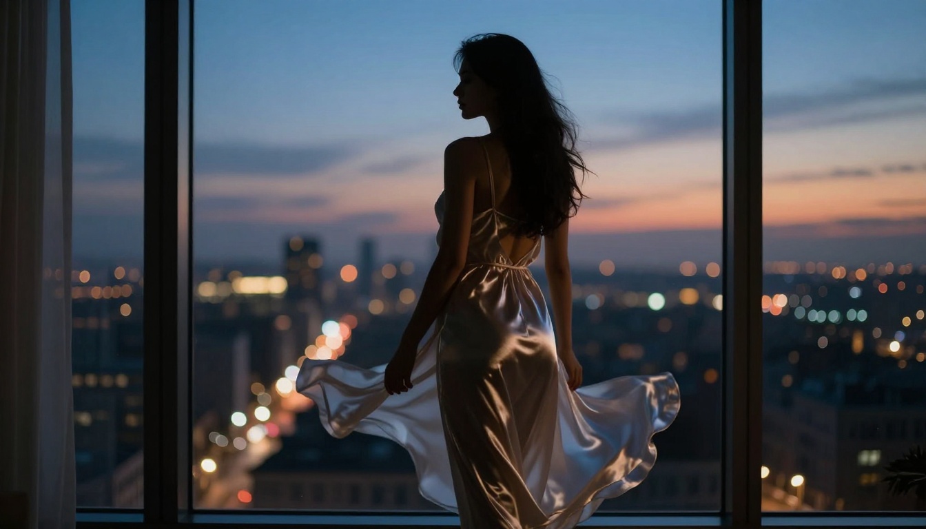 Artistic silhouette of a woman in silk lingerie against a dusk window with city lights in the bokeh background, illustrating artistic freedom in adult AI generation