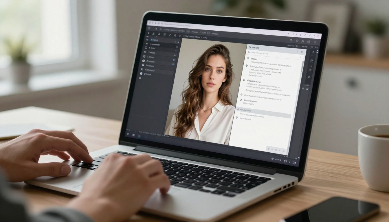 Creative professional at a laptop reviewing AI image generation interface with photorealistic portrait outputs on screen
