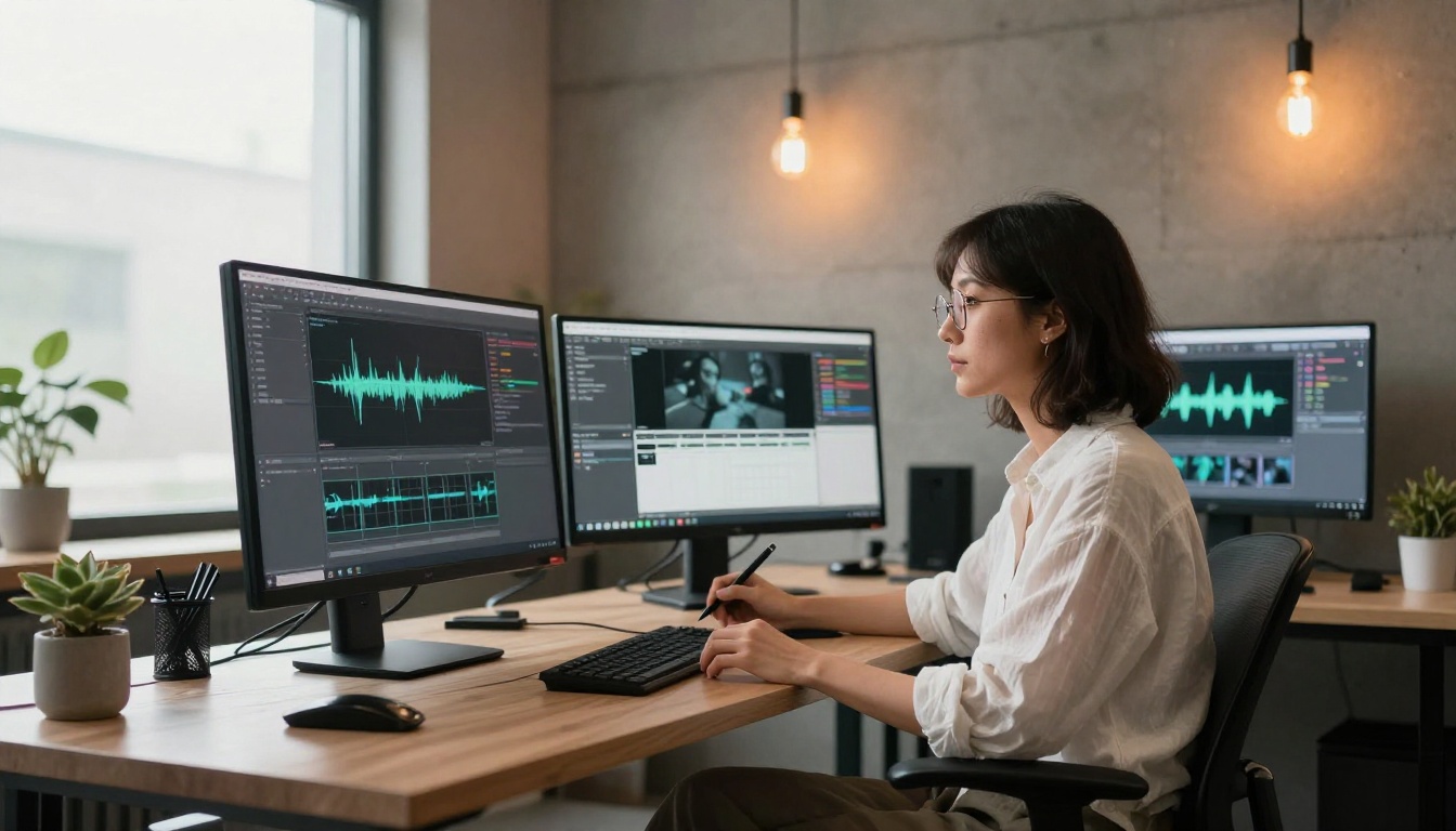 Creative workspace with multiple monitors showing AI generation software interfaces