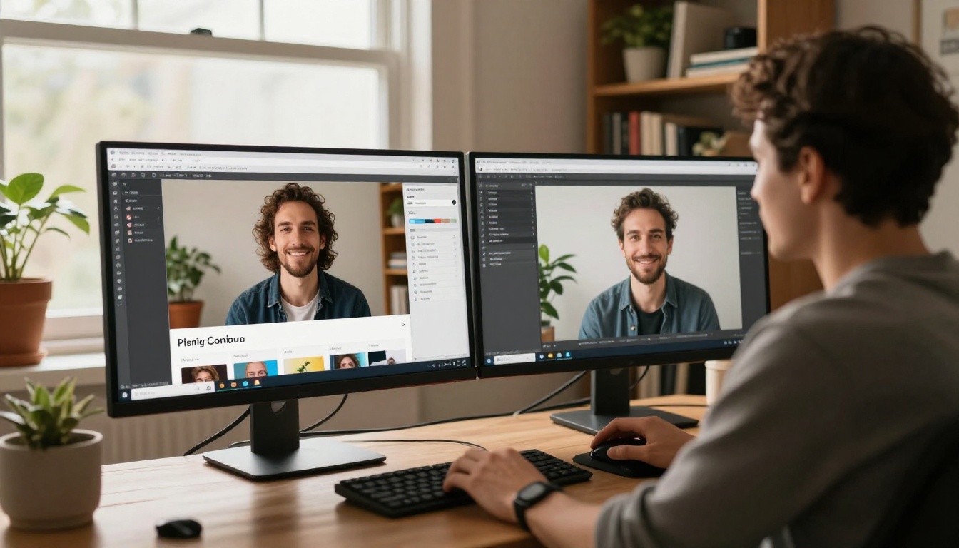 Creative professional at dual monitors comparing AI platform results, showing the cost and quality gap between pay-per-use and subscription models