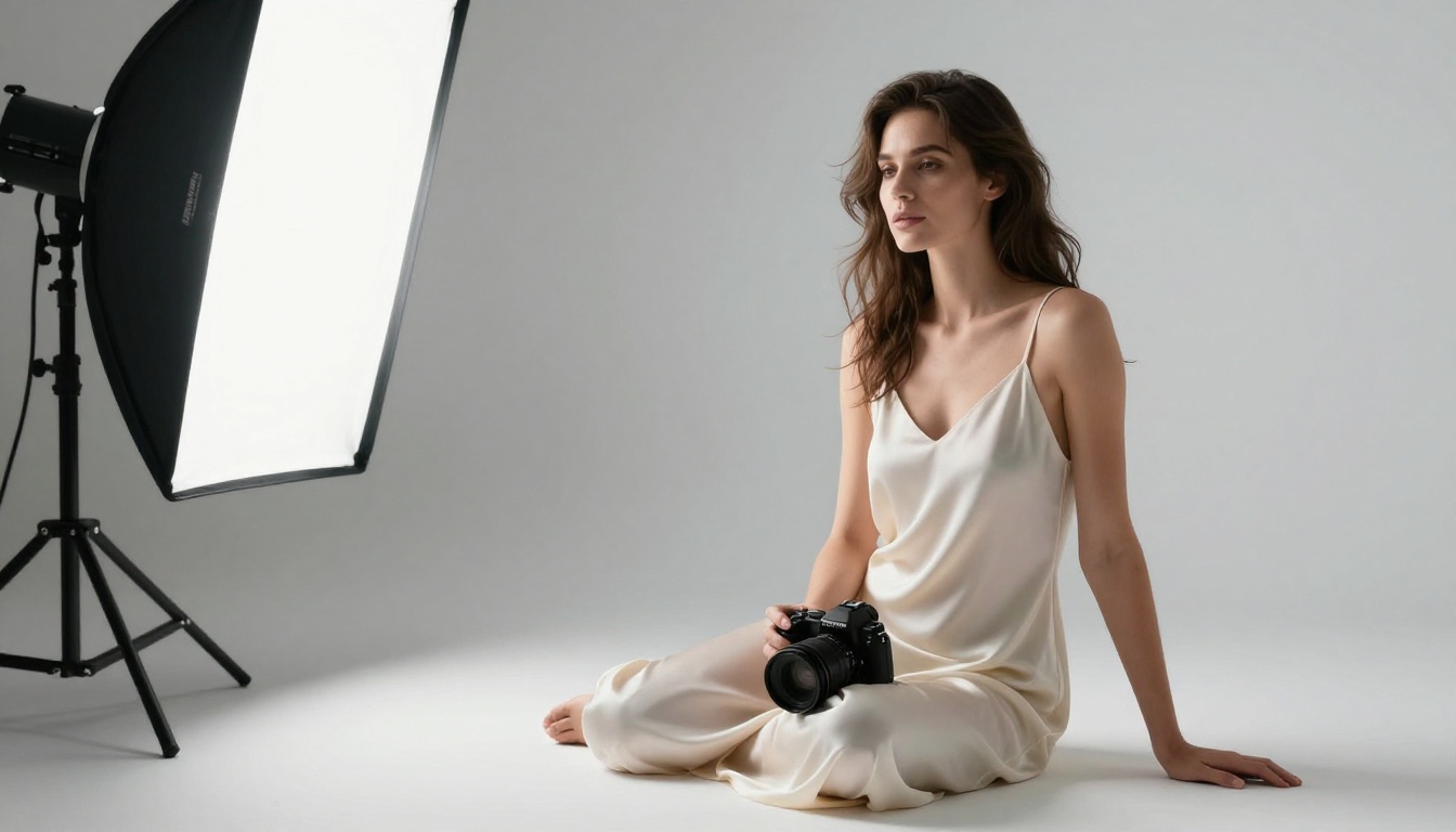 Woman in candid portrait, cream linen shirt, laptop screens with AI interfaces softly blurred