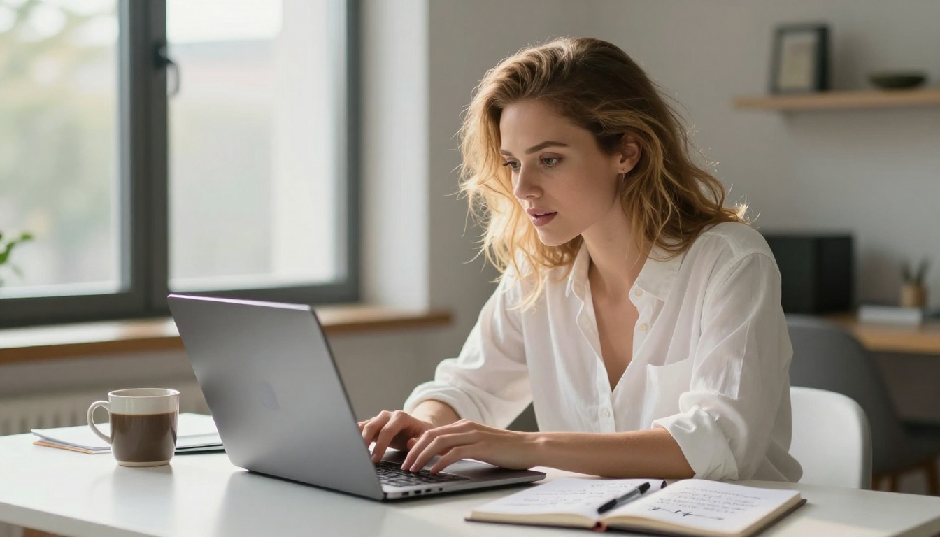 Woman writing deeply immersed at laptop with morning light behind her