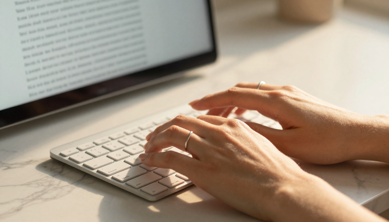 Close-up of woman's hands typing on a keyboard with marble surface and golden afternoon light