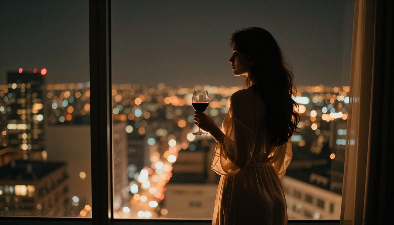 Woman silhouette backlit by warm city skyline at night, holding a glass of red wine by a large window