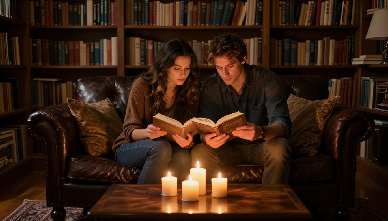 Man and woman sitting close together reading the same book by candlelight in a private dimly lit library