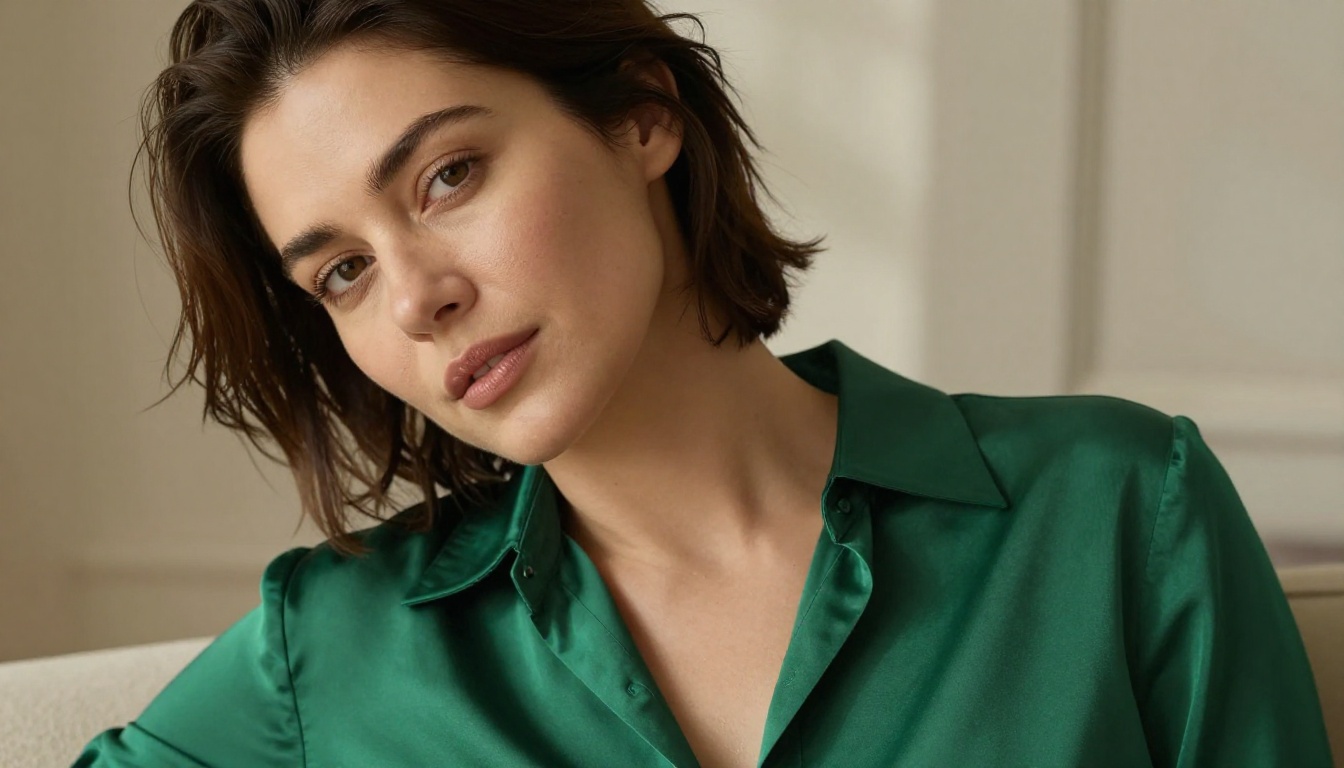 Close-up portrait of sophisticated woman with auburn hair and deep emerald silk blouse in natural window light