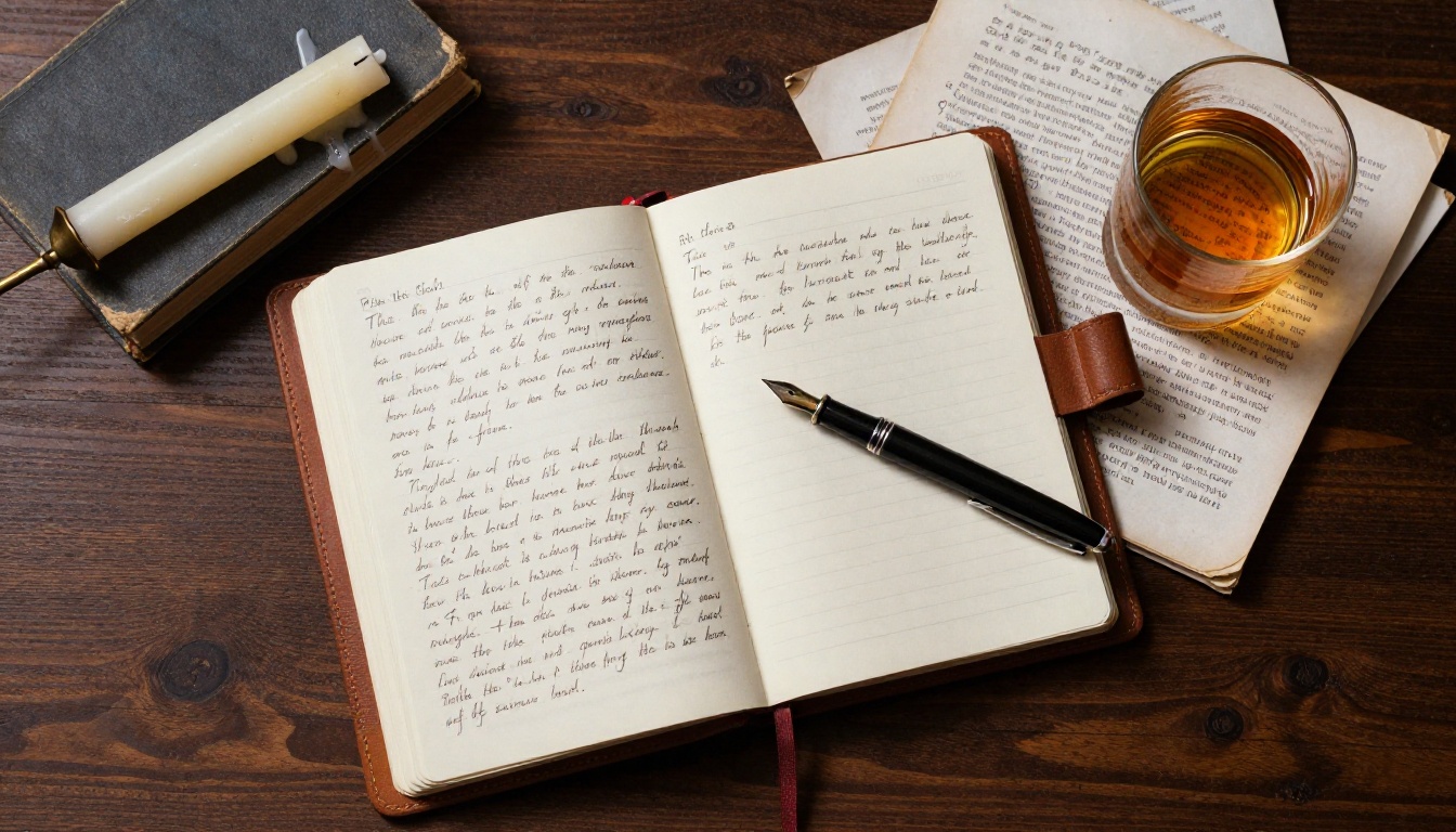 Overhead flat-lay of writer's desk with leather journal, fountain pen, half-melted candle, and amber whiskey glass on dark walnut wood