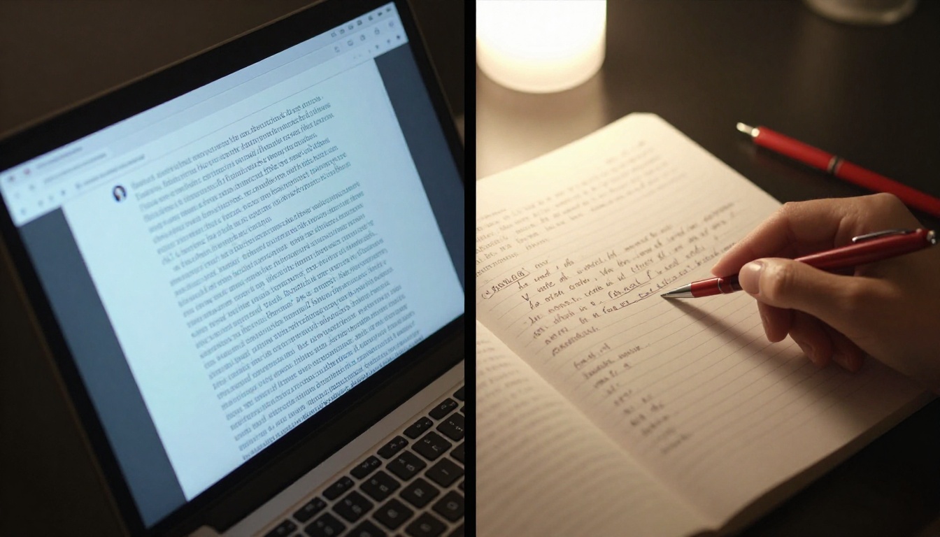 Split view of AI writing interface on laptop screen alongside printed manuscript pages with handwritten notes