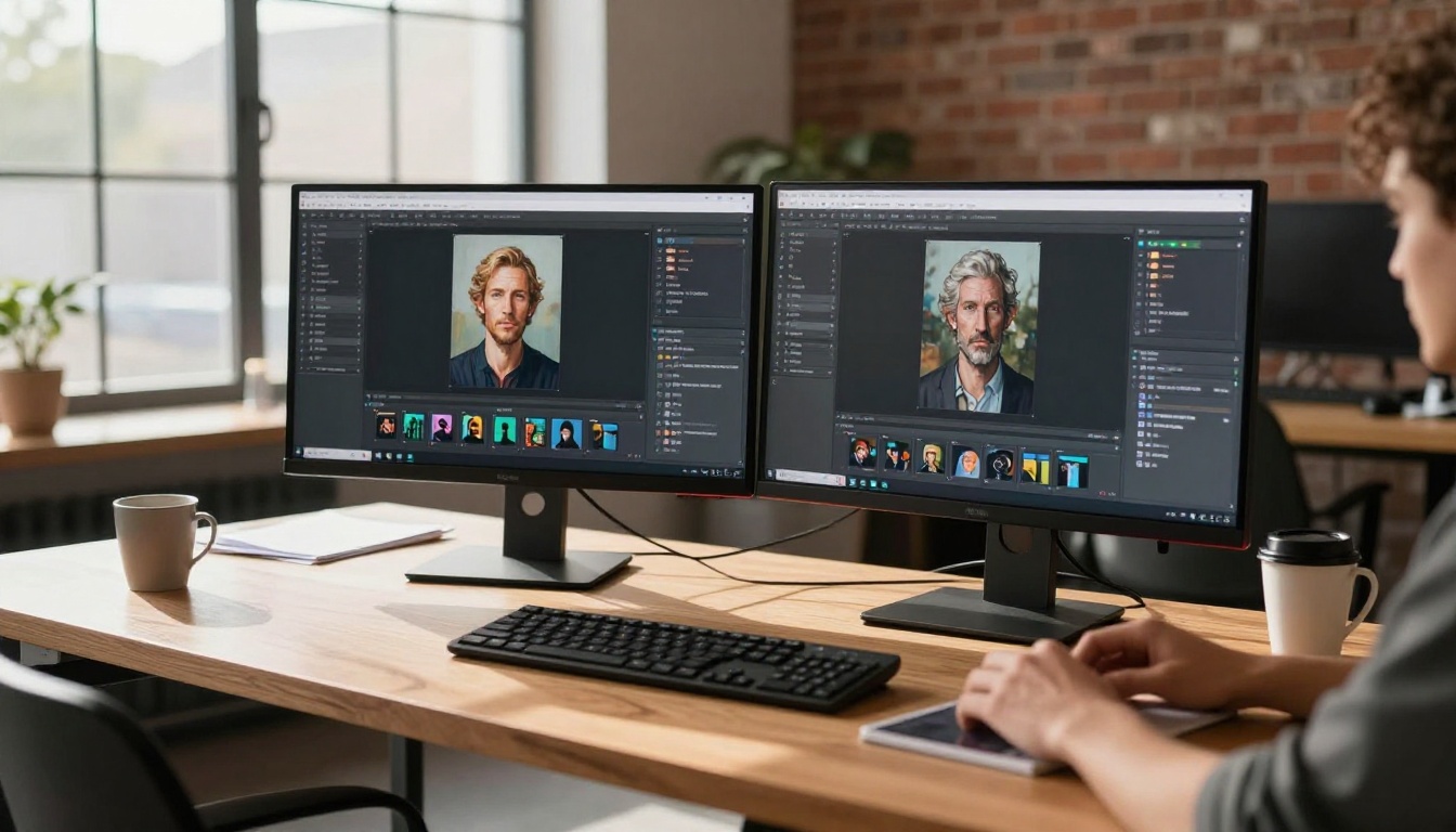 AI art comparison workspace with dual monitors displaying photorealistic portrait generation AI art comparison workspace with dual monitors displaying photorealistic portrait generation