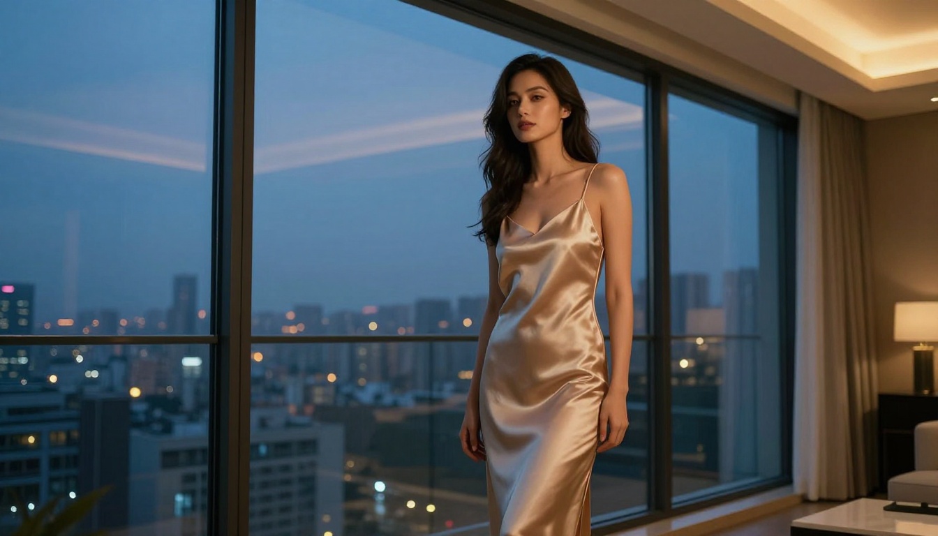 Elegant woman in penthouse living room at dusk, cinematic ambient lighting Elegant woman in penthouse living room at dusk, cinematic ambient lighting