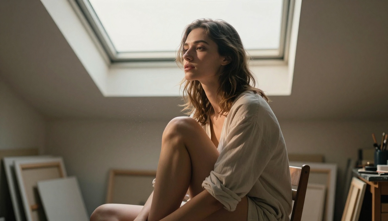 Intimate portrait in painter's studio with north-facing skylight and natural diffused light