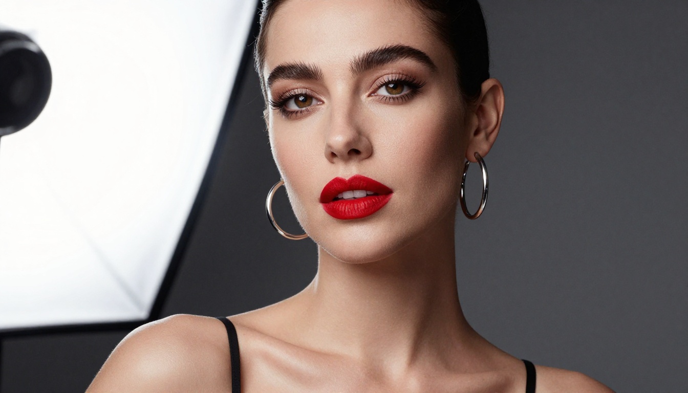 Professional close-up studio portrait of a glamorous woman with bold red lips and dramatic three-point lighting