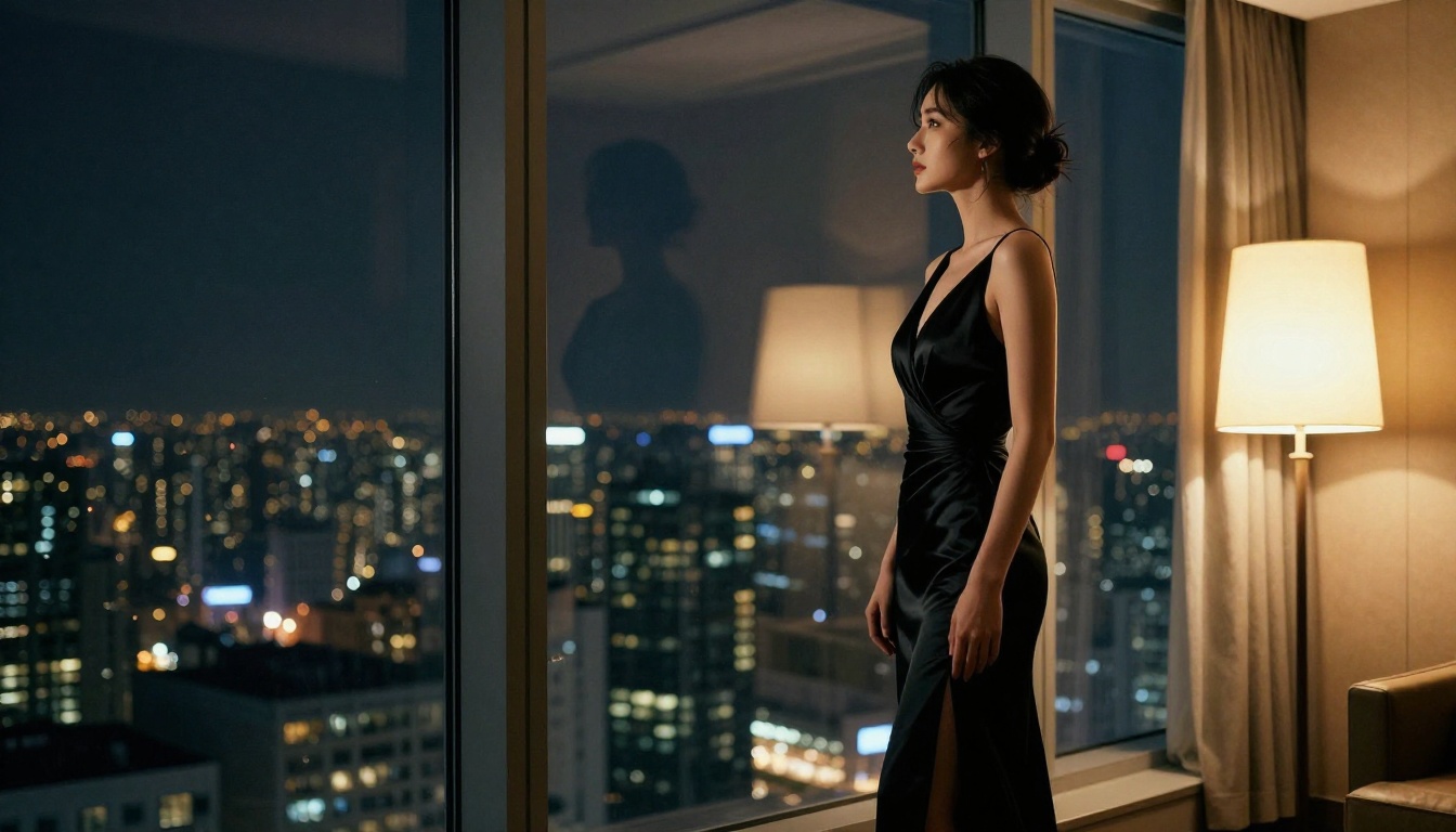 Side profile of an elegant woman in a form-fitting black evening gown against floor-to-ceiling city windows at night