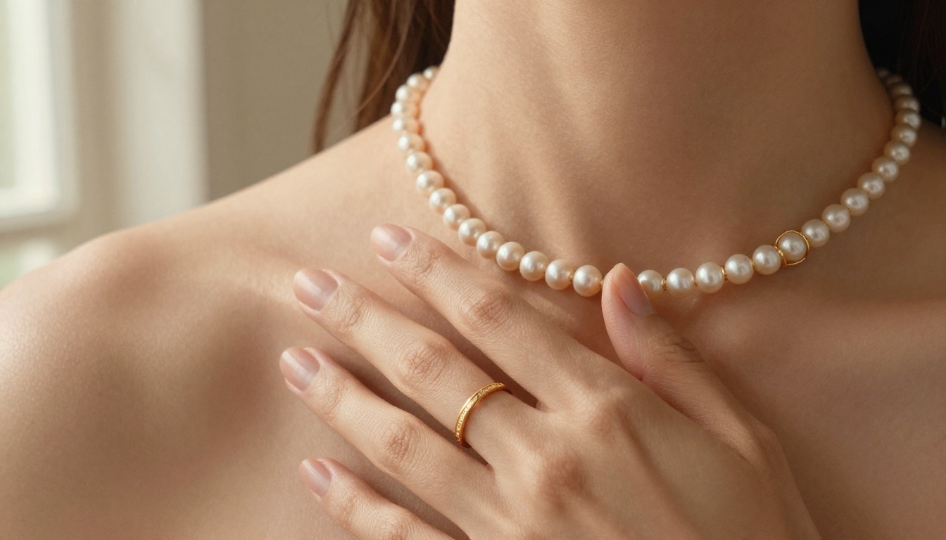 Extreme close-up macro shot of a woman's hands with gold rings touching a pearl necklace against her collarbone in soft natural window light