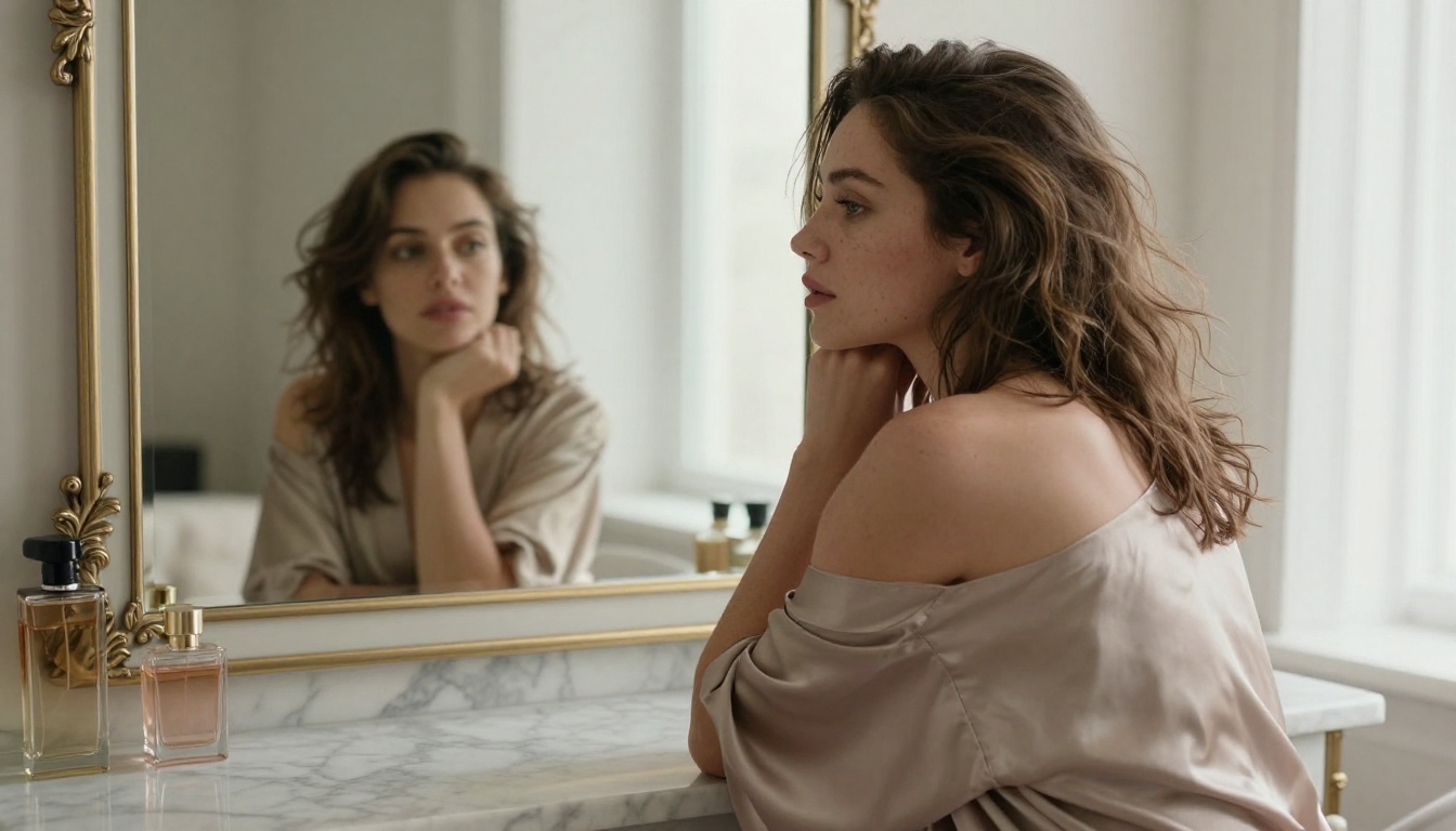 Naturally beautiful woman at a marble vanity in morning light wearing a silk robe, reflection in ornate mirror behind her