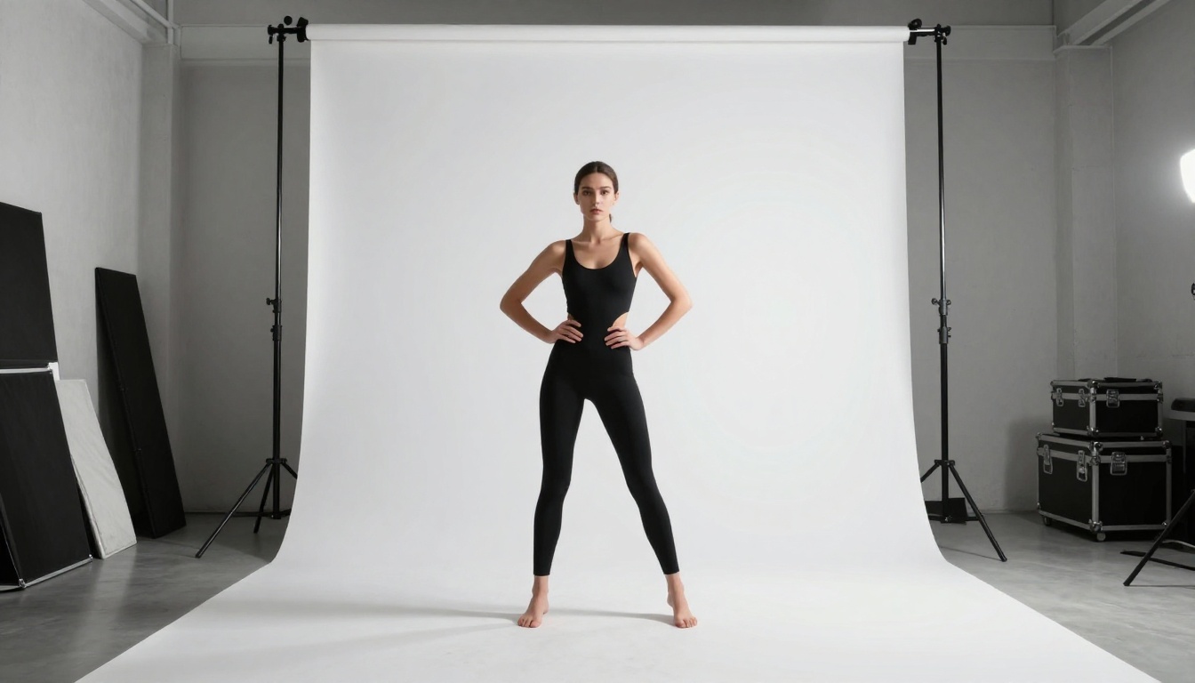 Woman in a black bodysuit posing in a photography studio