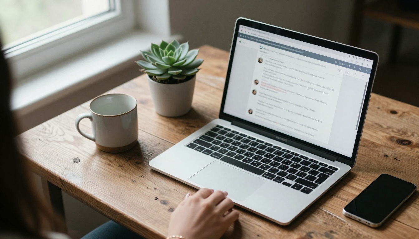 Laptop flat-lay with AI chat interface and a woman's hand nearby