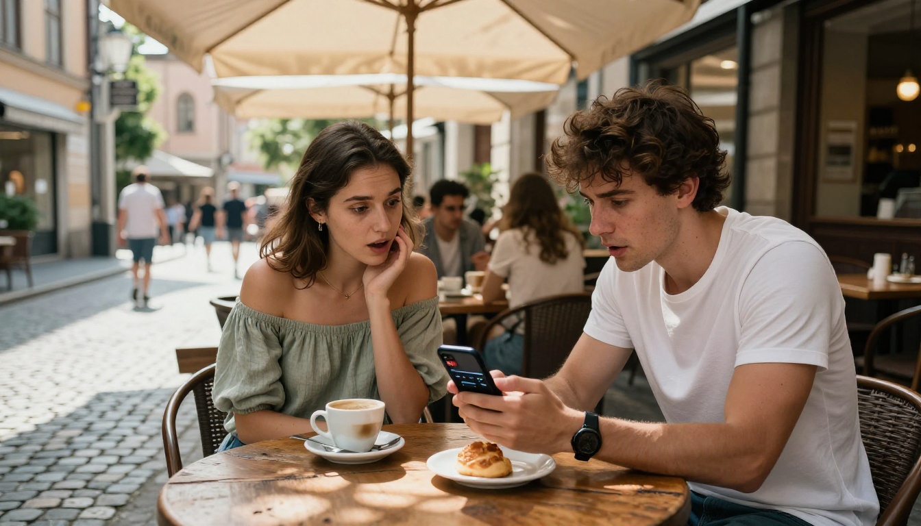 Two women at a European cobblestone street cafe looking at a shared smartphone