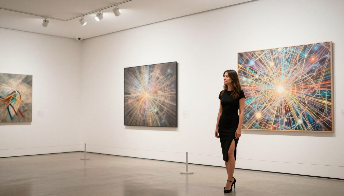 Woman in a fitted black dress examining AI artwork in a gallery setting