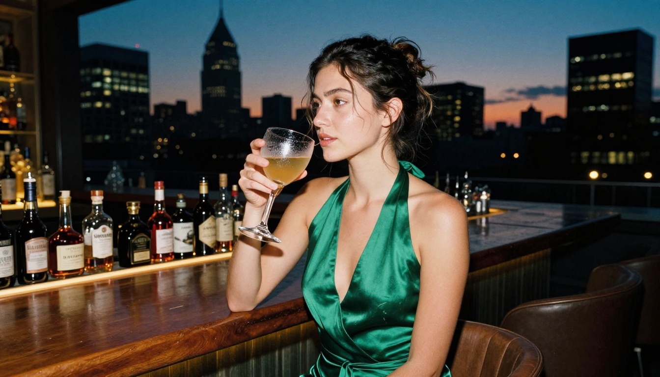 Woman in an emerald satin halter top at a rooftop cocktail bar at blue hour