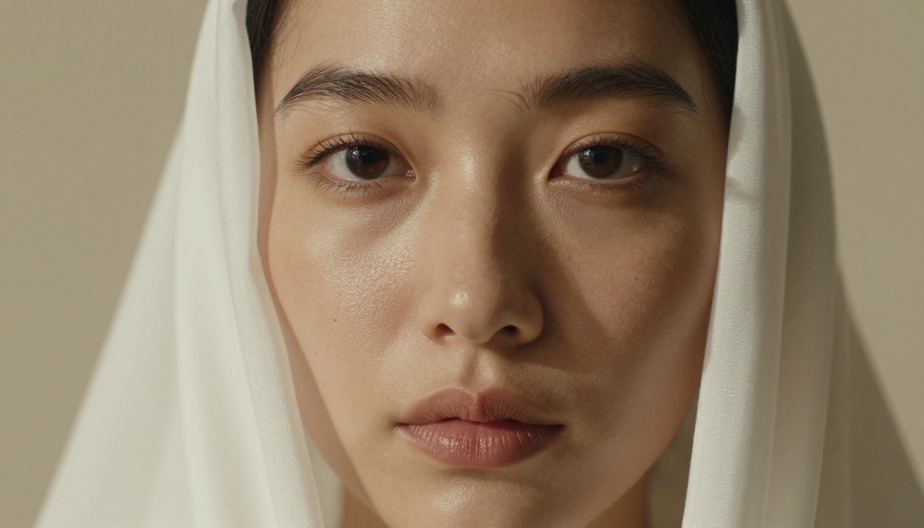 Intimate close-up portrait with Rembrandt lighting and silk fabric