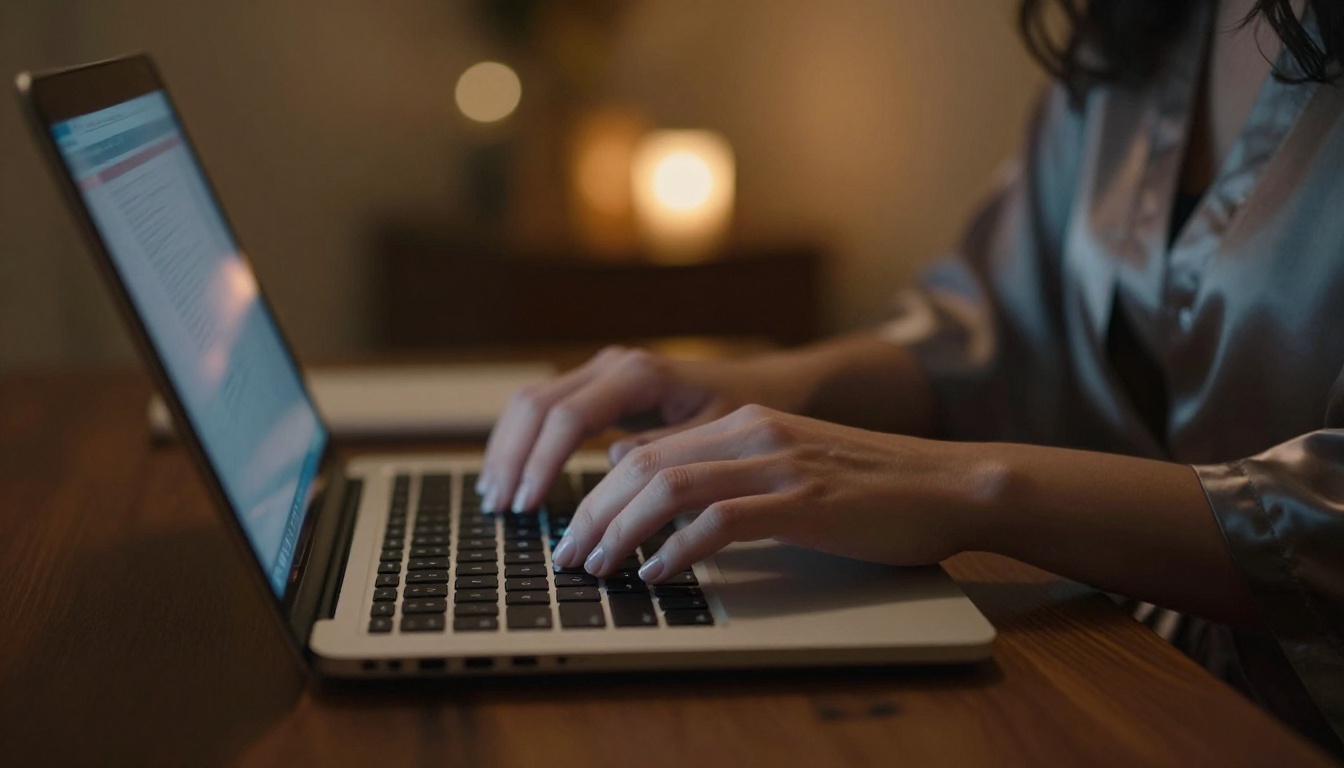 Close-up of woman's hands typing on laptop keyboard with screen glow