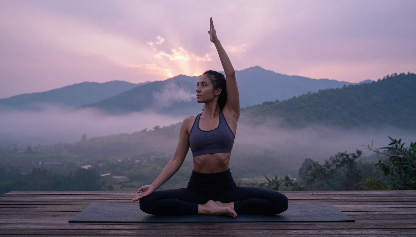 A woman in a yoga pose on a wooden mountain deck at dawn, misty valley below, pink-purple sunrise sky