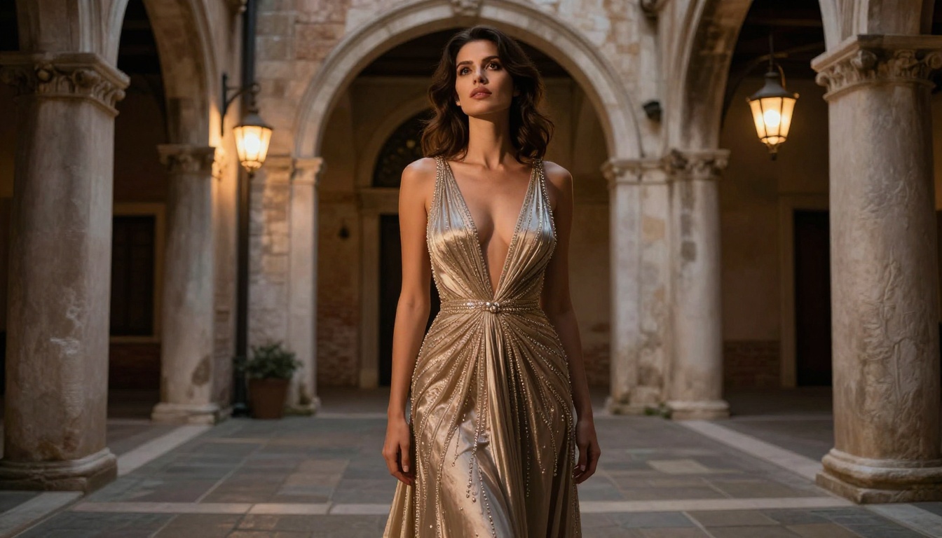 A brunette woman in a deep-plunge evening gown standing at a Venetian palazzo courtyard, lantern light and chiaroscuro shadows