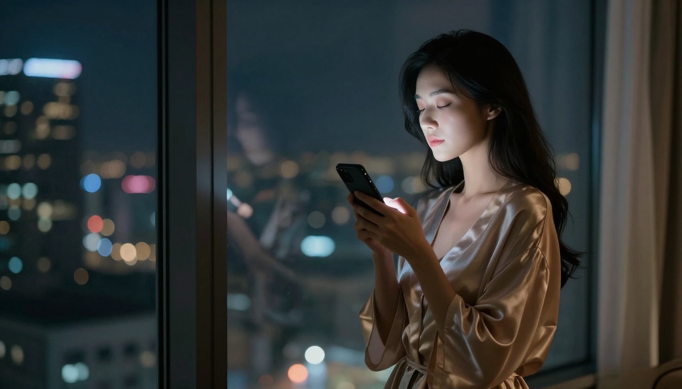 Elegant woman in silk robe at floor-to-ceiling window at night