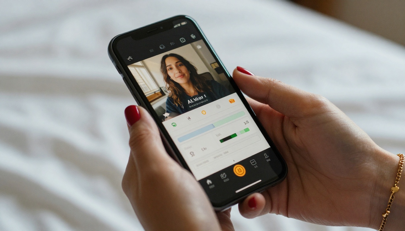 A woman holding a smartphone showing an AI video generation interface, gold bracelet on wrist, white sheets in background