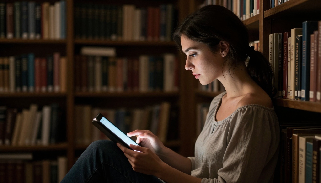 Woman reading tablet in dimly lit library with warm lamp light