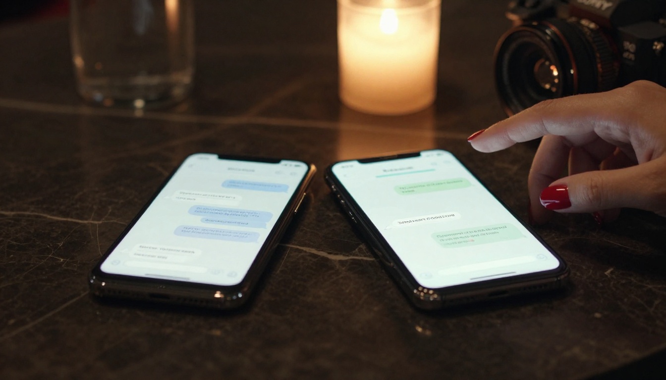 Two smartphones on dark marble table displaying chat bubbles with woman's hand reaching