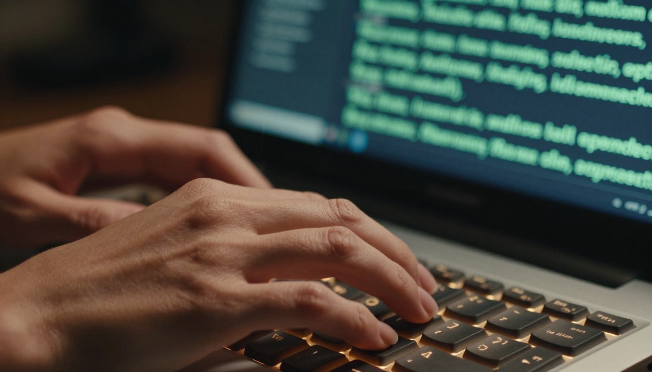 Hands typing on a backlit keyboard with AI text on screens in background