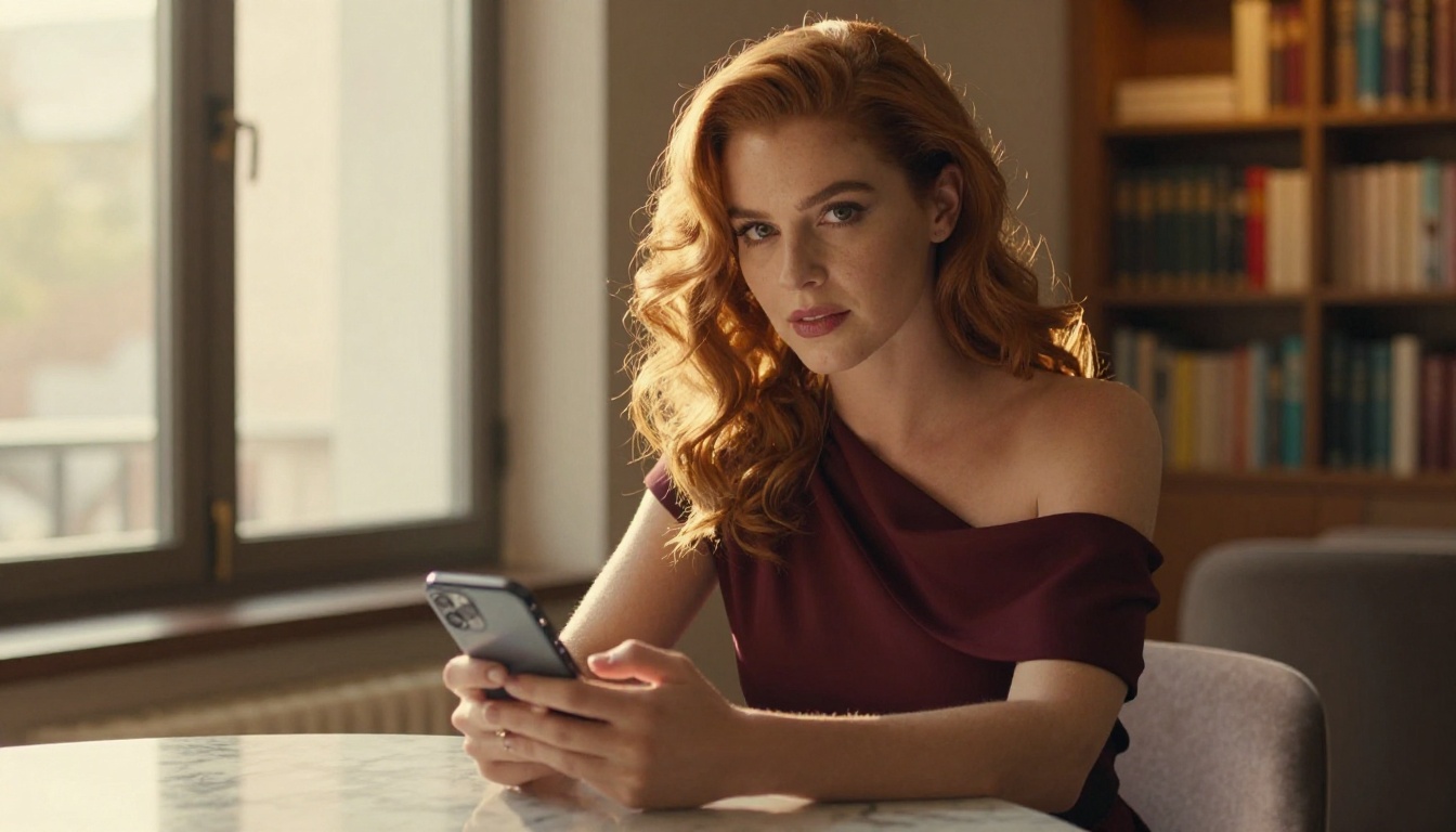 Beautiful woman in burgundy evening dress at a marble table