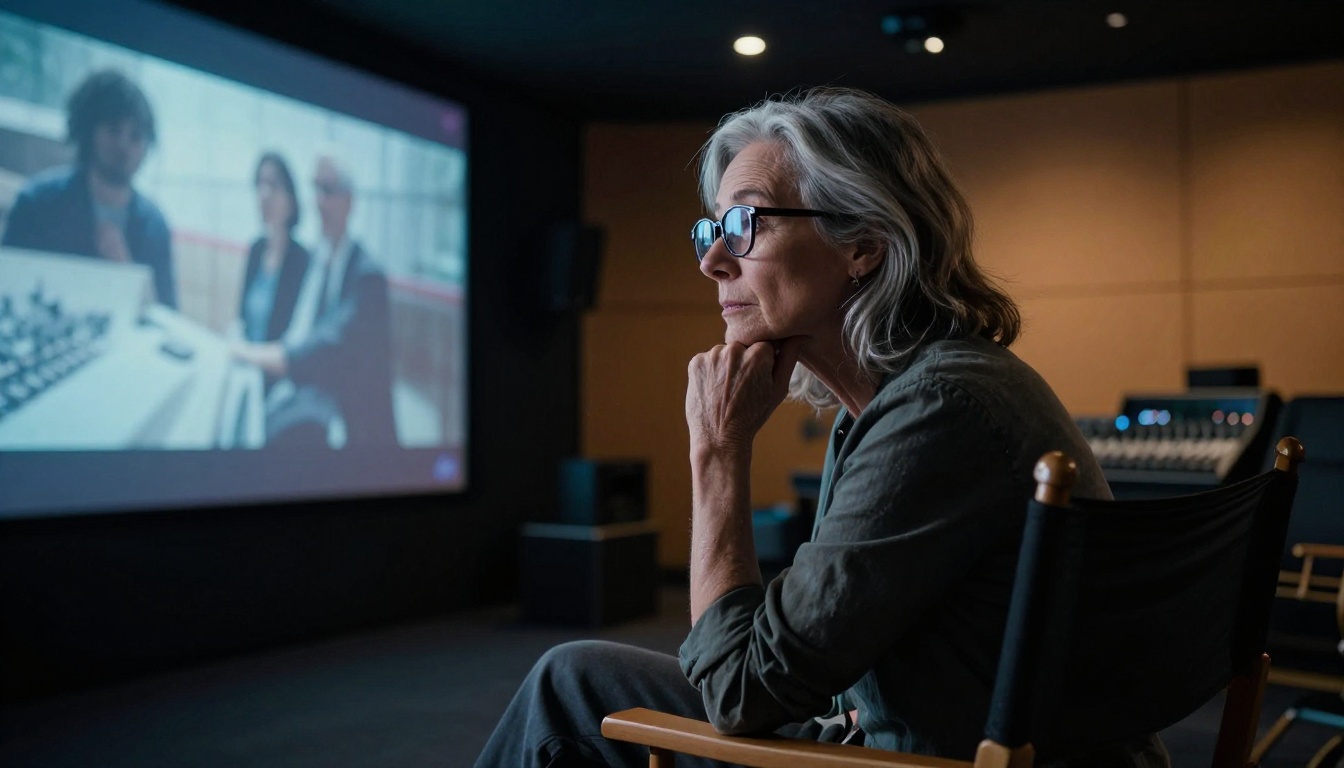 Director reviewing AI video output in a professional screening room