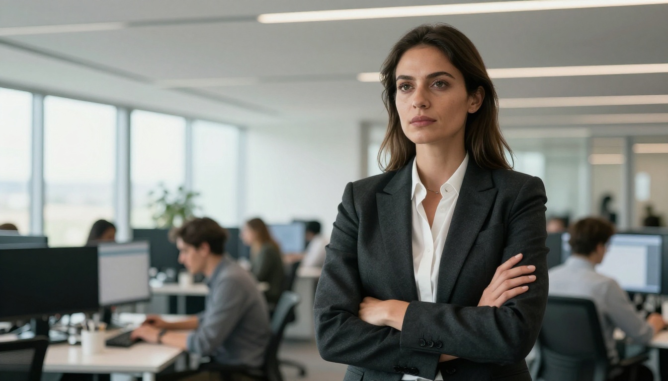 Confident woman in blazer standing in a tech office, low angle