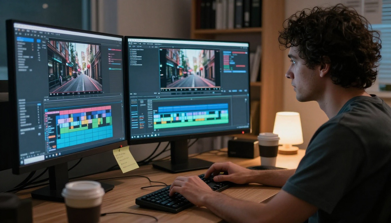 Video editor working on complex AI-generated multi-track timeline at night