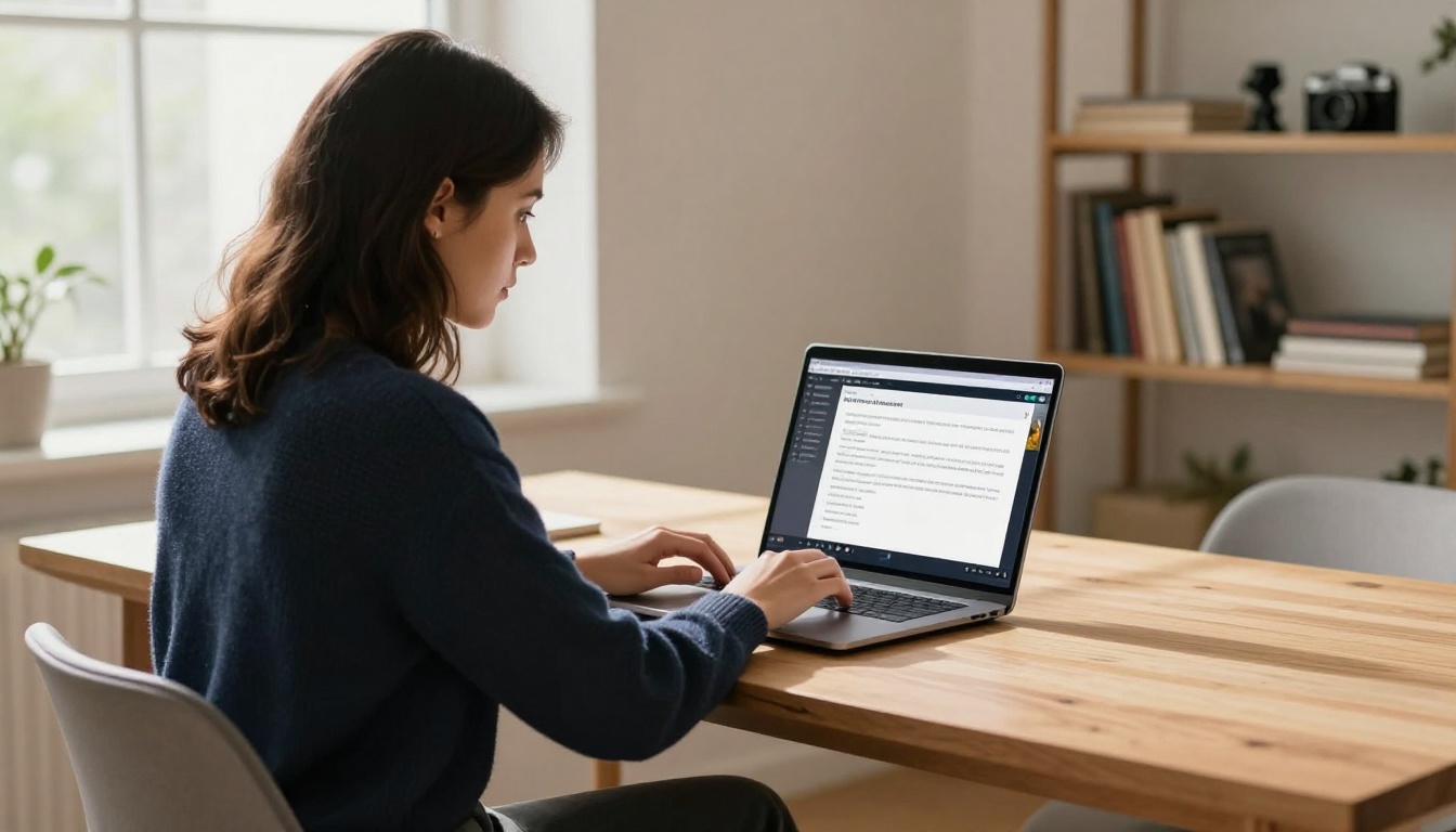 A young creative professional typing a detailed cinematic prompt into an AI video generation platform on a laptop, natural daylight from a side window, warm wood grain desk surface