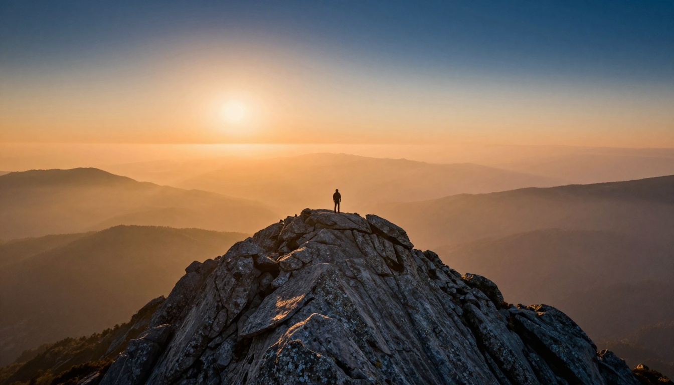 Dramatic aerial view of a lone hiker silhouetted on a mountain ridge at golden hour, valley filled with mist far below, warm amber and cobalt sky