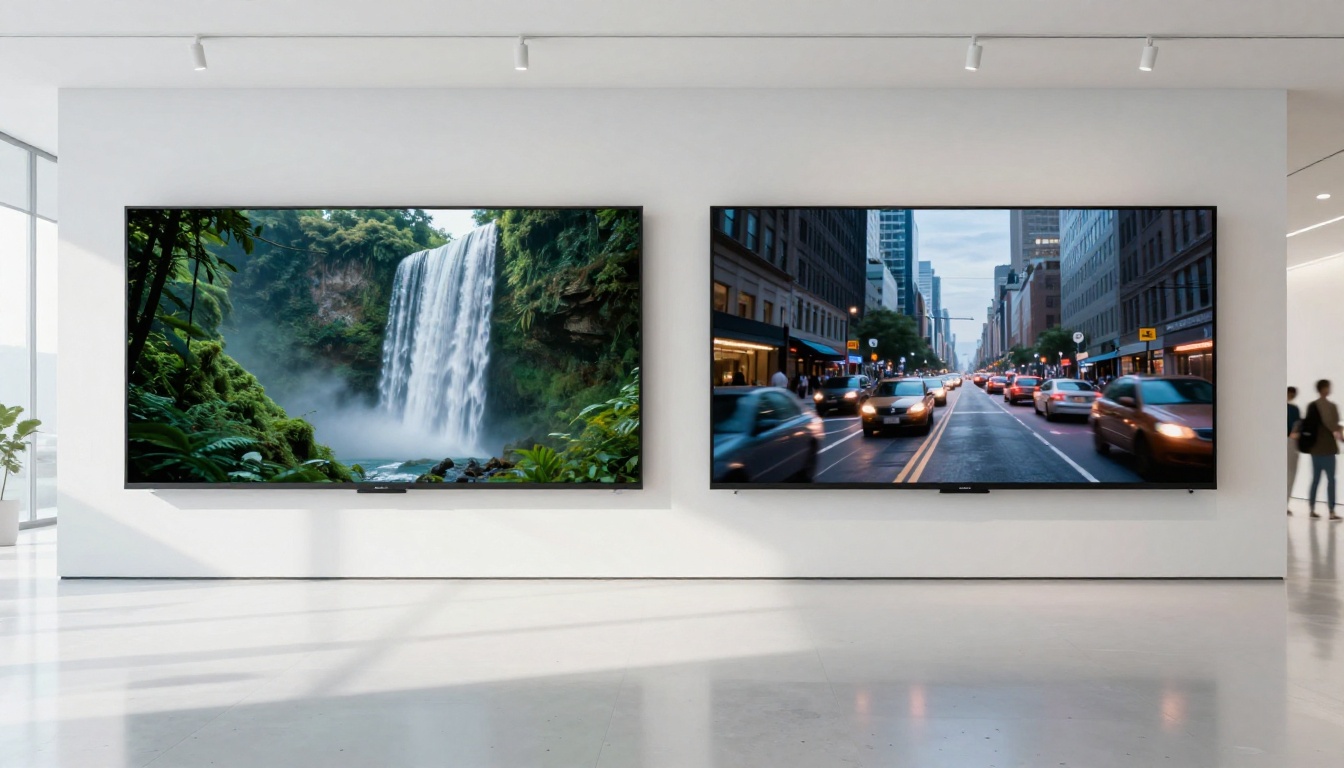 Side-by-side AI video comparison screens in a modern gallery exhibition space