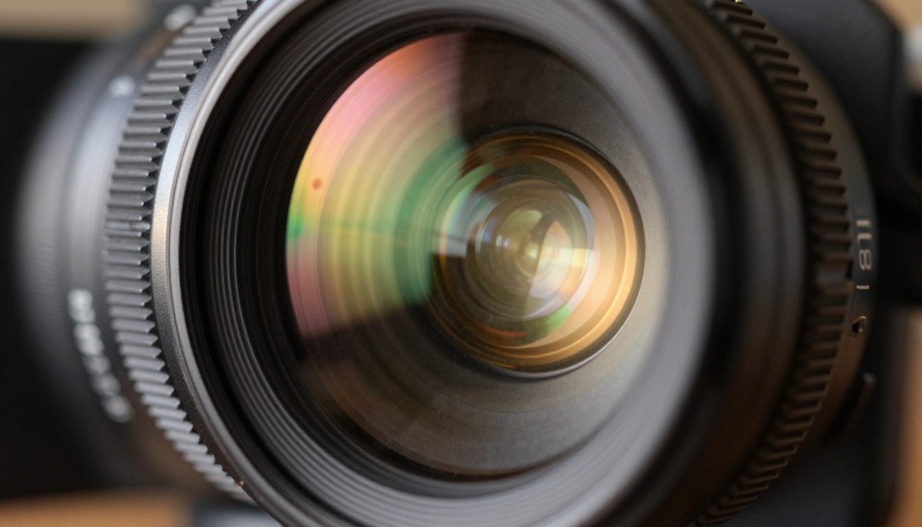 Cinema camera lens macro showing multi-layer optical coating and light refraction