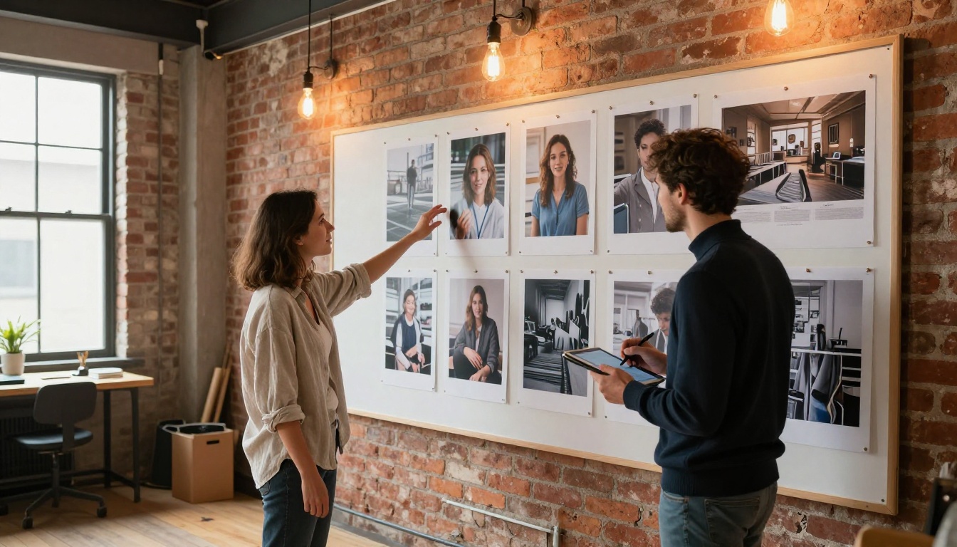 Two creative professionals reviewing AI-generated images in a studio with brick walls