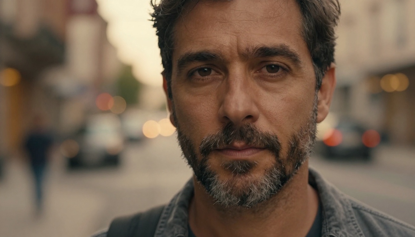 Close-up portrait of a man with salt-and-pepper beard, single diffused light source from the right, warm amber city bokeh behind at shallow depth of field, 135mm rendering